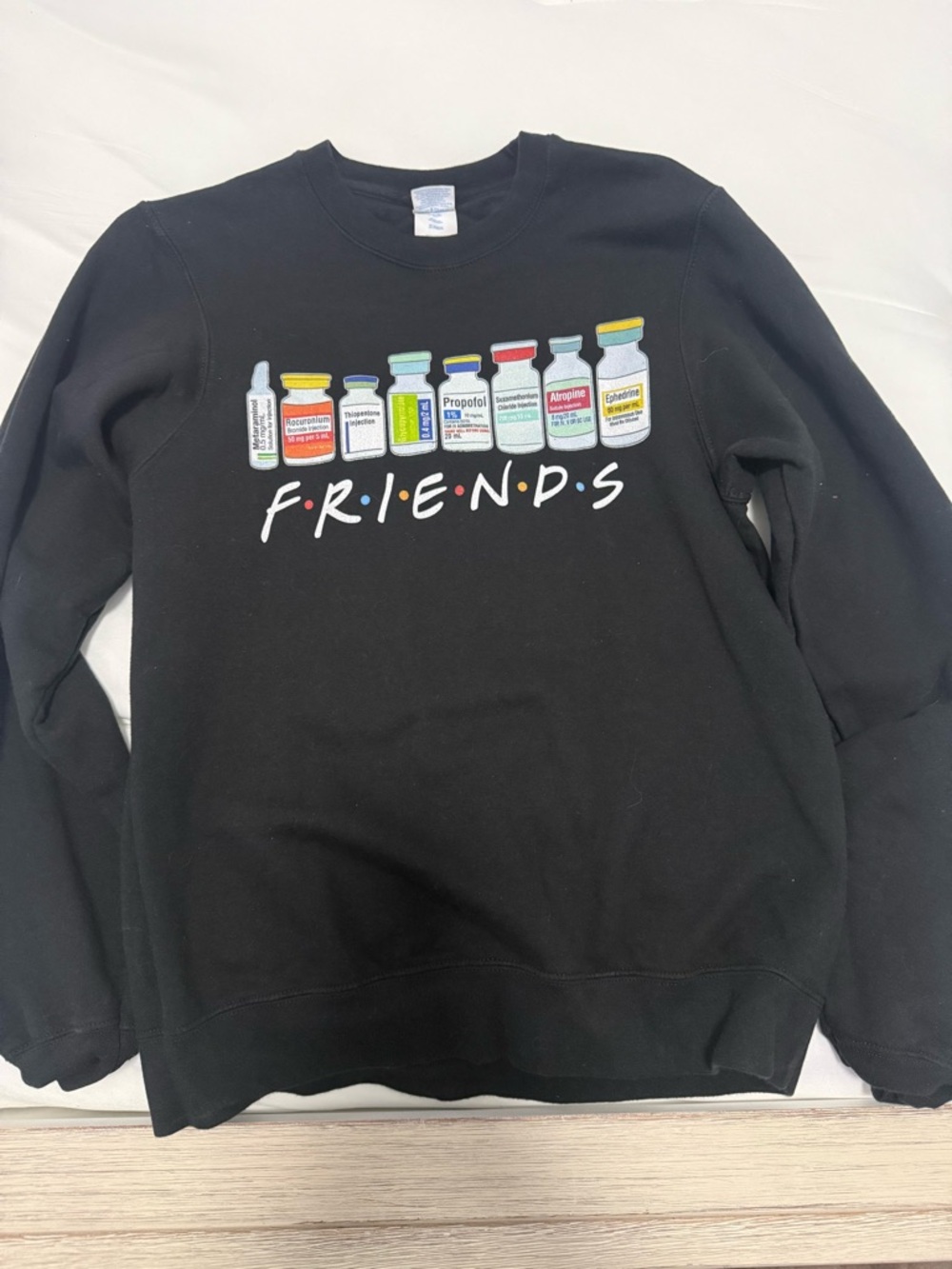 Gildan Black Crewneck with Colorful Medicine Bottle Graphic